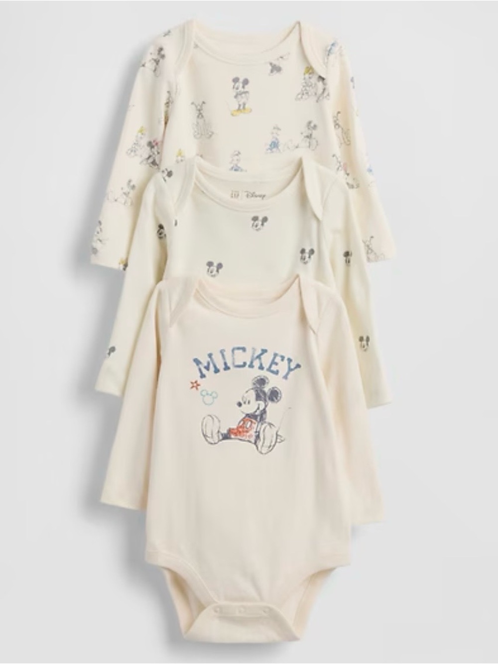Disney Cream Mickey Mouse Long-Sleeve One-Piece Set (3-Pack)
